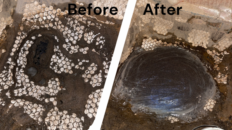 A before and after photo of a rubber lining repair