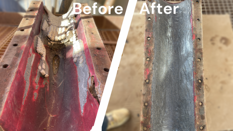 A before and after photo of a rubber lining repair during scheduled maintenance